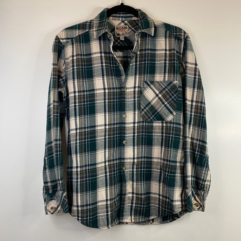TNA Boyfriend Fit Flannel Shirt XXS‎ Green Plaid Long Sleeve Button Up
